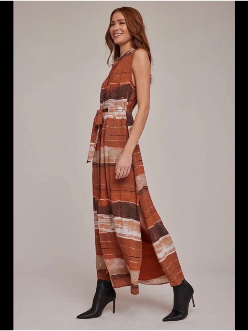 Bella Dahl Rust and Cream Striped Maxi Dress with Tie